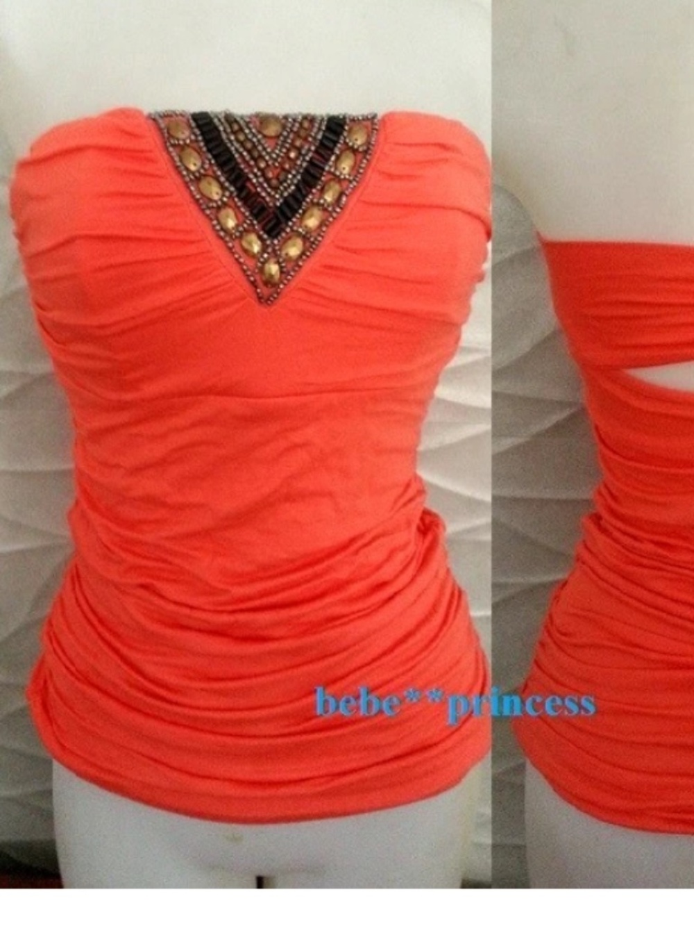 NWT bebe 2b orange sequin studded beaded embellished strapless cutout tube top